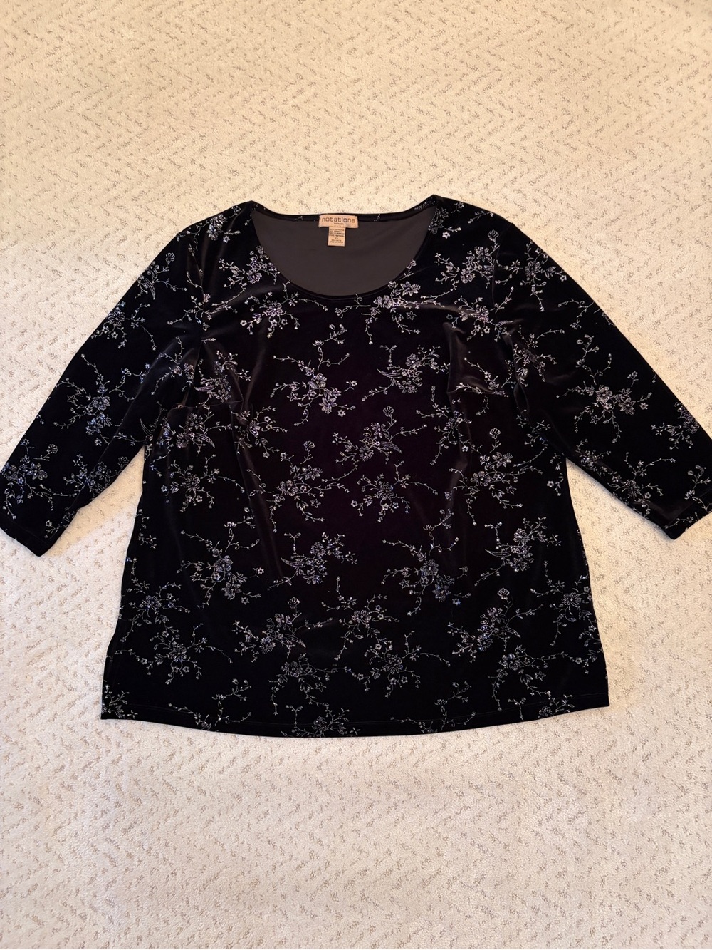 Notations Black Velvet Silver Sparkle Floral Top Size 2X Elegant Holiday Party